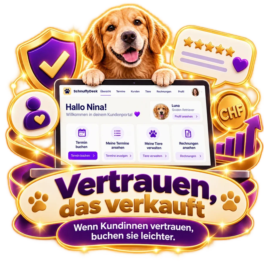 Illustration: Kundenportal auf dem Laptop, Hund schaut darüber, Titel «Vertrauen, das verkauft»