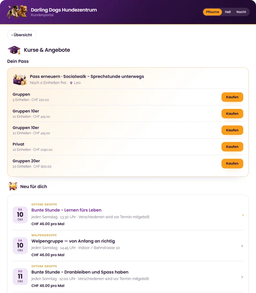 Kundenportal: Pass erneuern mit Kaufen-Knöpfen und Liste Neu für dich